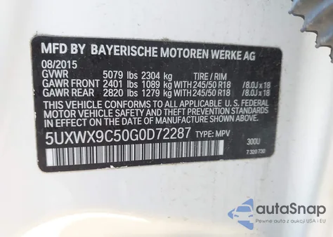 2016 BMW X3 xDrive28I z USA, uszkodzony, nr VIN 5UXWX9C50G0D72287